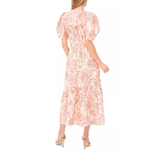 CECE WOMENS SIZE SMALL FLORAL PUFF SLEEVE BELTED LINEN BLEND MAXI DRESS PINK NEW - Picture 2 of 13